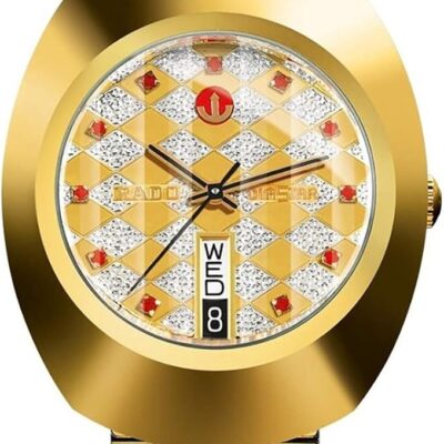 Rado Diastar gold-plated finish and a checkerboard dial pattern