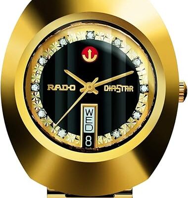 Rado DiaStar black dial with 12 diamond indices and a gold stainless steel bracelet