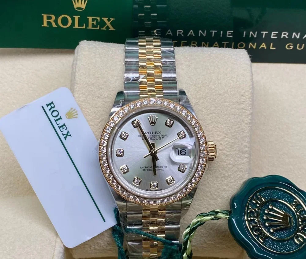Rolex Datejust women's watch, featuring a grey dial, diamond markers, and a jubilee bracelet. - Image 2