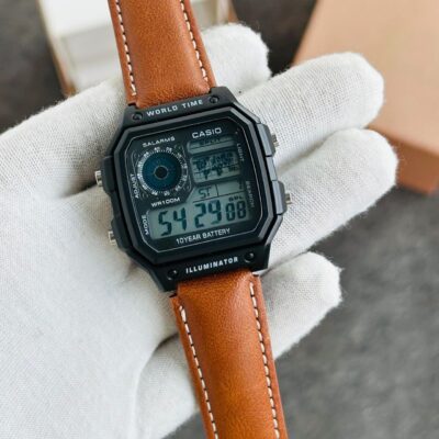 Casio Men's Digital Watch with Matte Black Case and Tan Brown Leather Strap