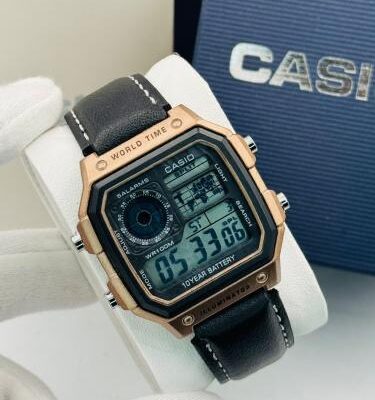 Casio Mens Watch Vintage Design Black Leather Strap