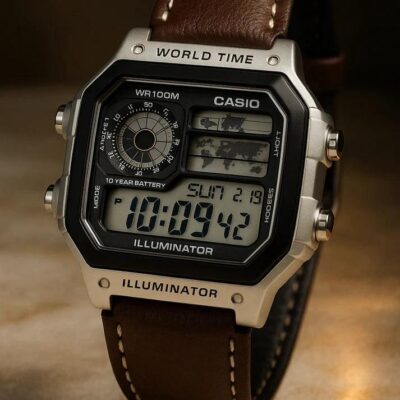 Casio Square Dial Leather Strap Digital Watch