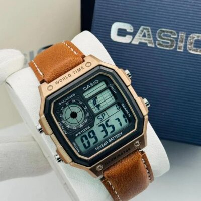 Casio Mens Watch Vintage Design Brown Leather Strap