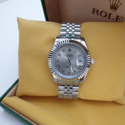 Rolex Datejust silver dial with Roman numerals and a distinctive fluted bezel