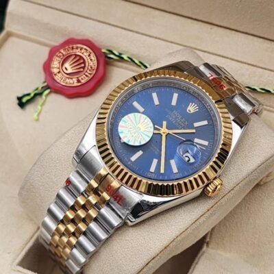 Rolex Datejust two-tone stainless steel and gold jubilee bracelet and a blue dial.