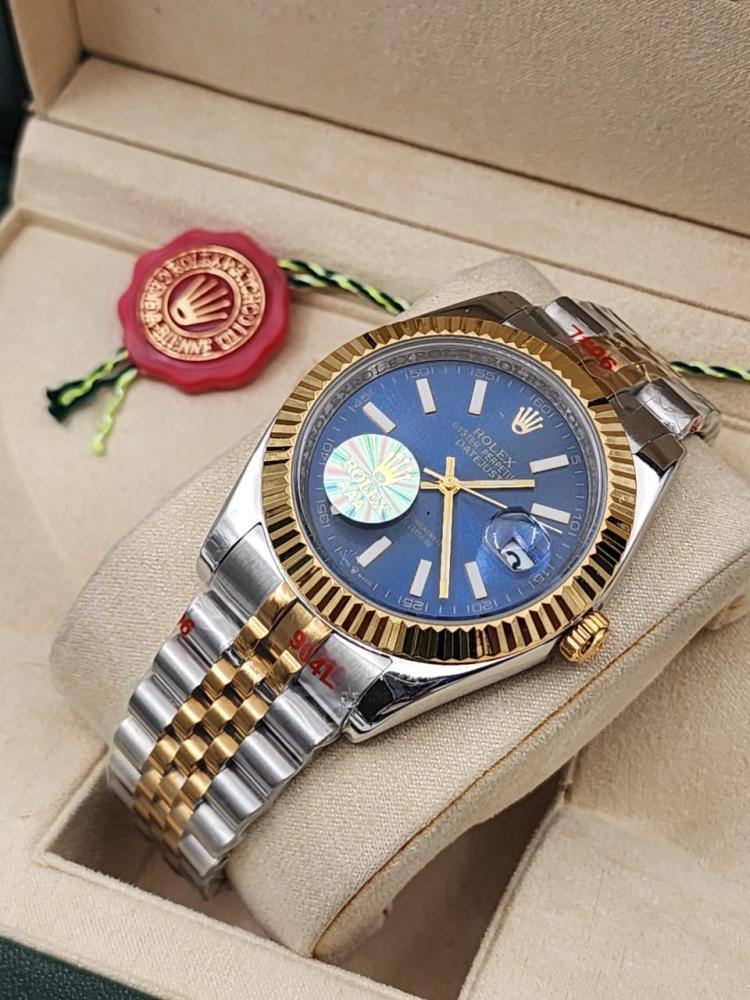 Rolex Datejust two-tone stainless steel and gold jubilee bracelet and a blue dial.