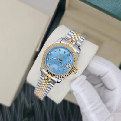 Rolex Datejust sky blue dial paired with a two-tone gold and steel jubilee bracelet