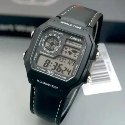 Casio Mens Watch Vintage Design Black Leather Strap